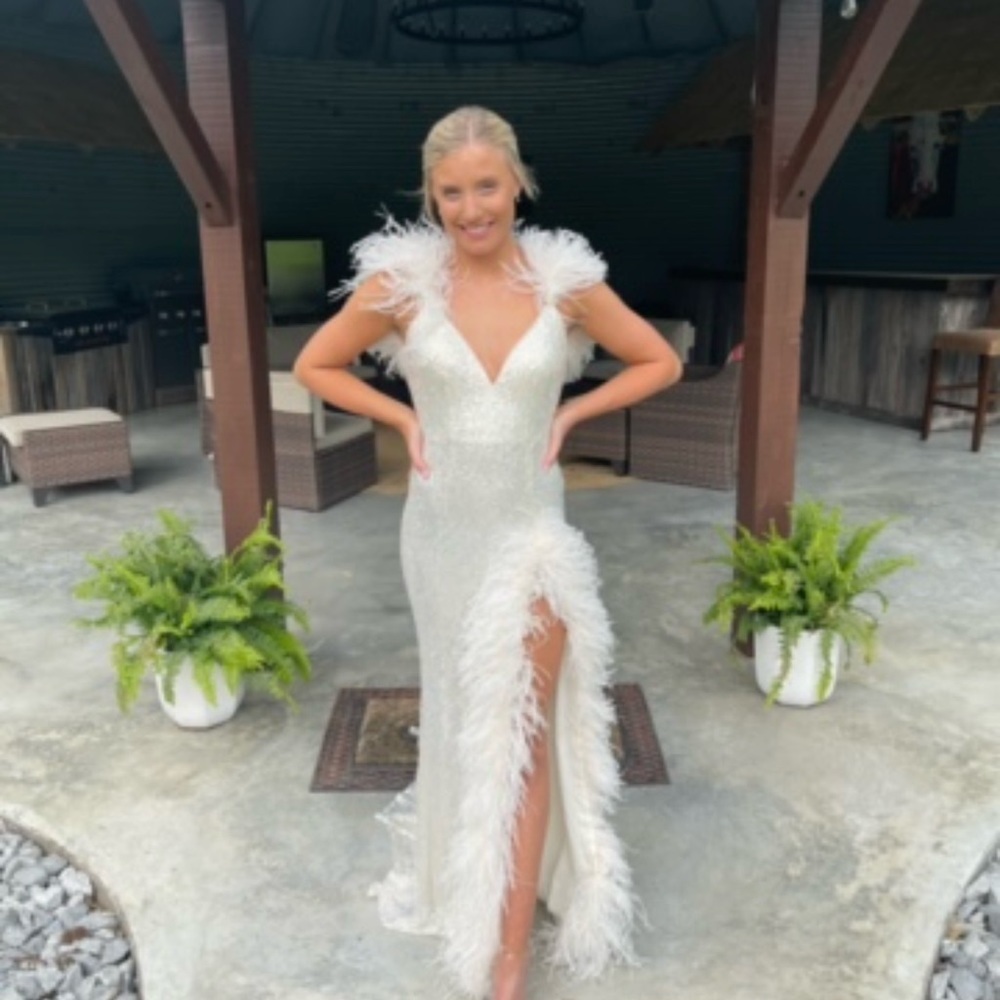 Jovani 06164 Cream Feather/Sequin Prom Dress 0